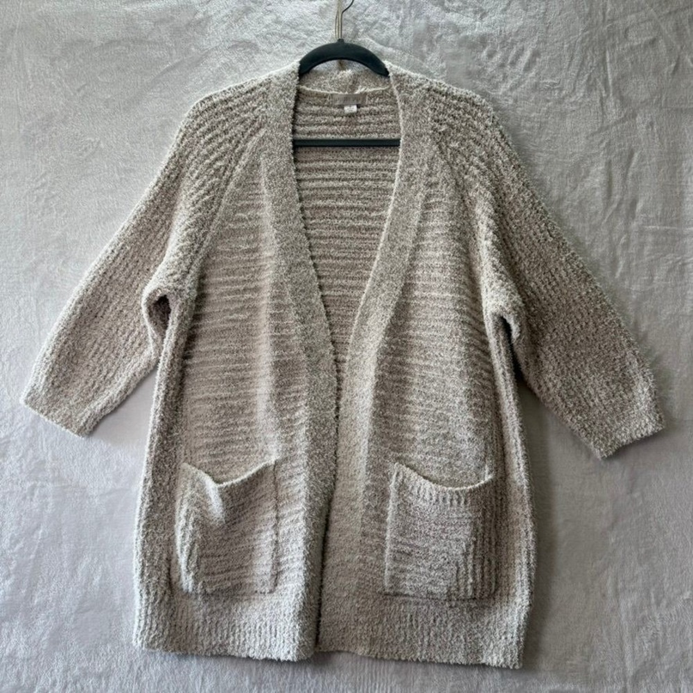 Barefoot Dreams CozyChic Open Cardigan Womens M Beige Knit Pockets 3/4 Sleeves